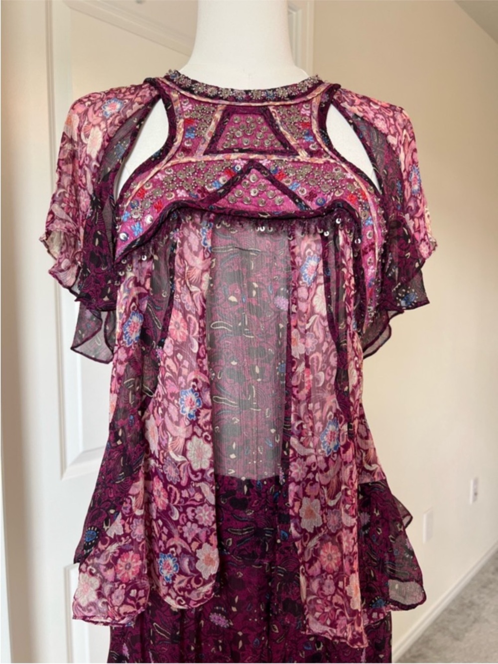 Embroidered Sheer Floral Ruffled Boho Top — Plum & Pink